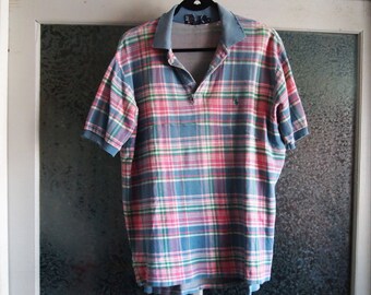 RARE 1980S/ 80S Vintage Mens Authentic Classic Americana Prep Ivy Style Designer POLO by Ralph Lauren Distressed Pastel Plaid Rugby Shirt