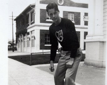 BEST 1940s/40s Handsome Rebel Roller Skater Boy - Original Vintage Street Style Snapshot Fashion Reference Cool Black and White Photograph