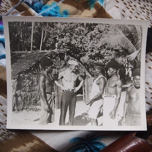 Rare Original South Pacific Vintage 1940s WW2 Historic Snapshot Photo Shirtless Handsome Cool Dude Soldier with Tribe in Papua New Guinea