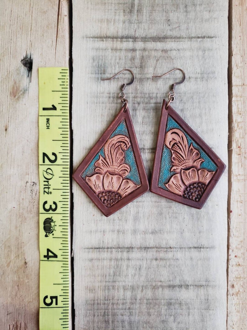 diamond shaped leather earrings turquoise and mahogany tooled leather earrings Leather floral earrings