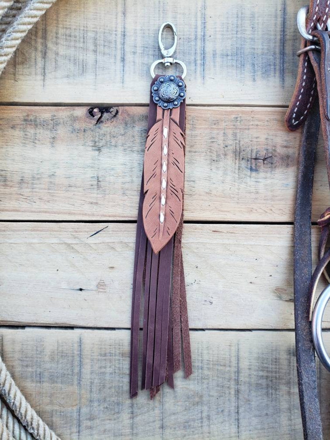 Tooled Leather Feather Bag Charm Feather Keychain Feather Etsy