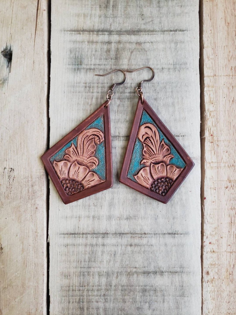 diamond shaped leather earrings turquoise and mahogany tooled leather earrings Leather floral earrings
