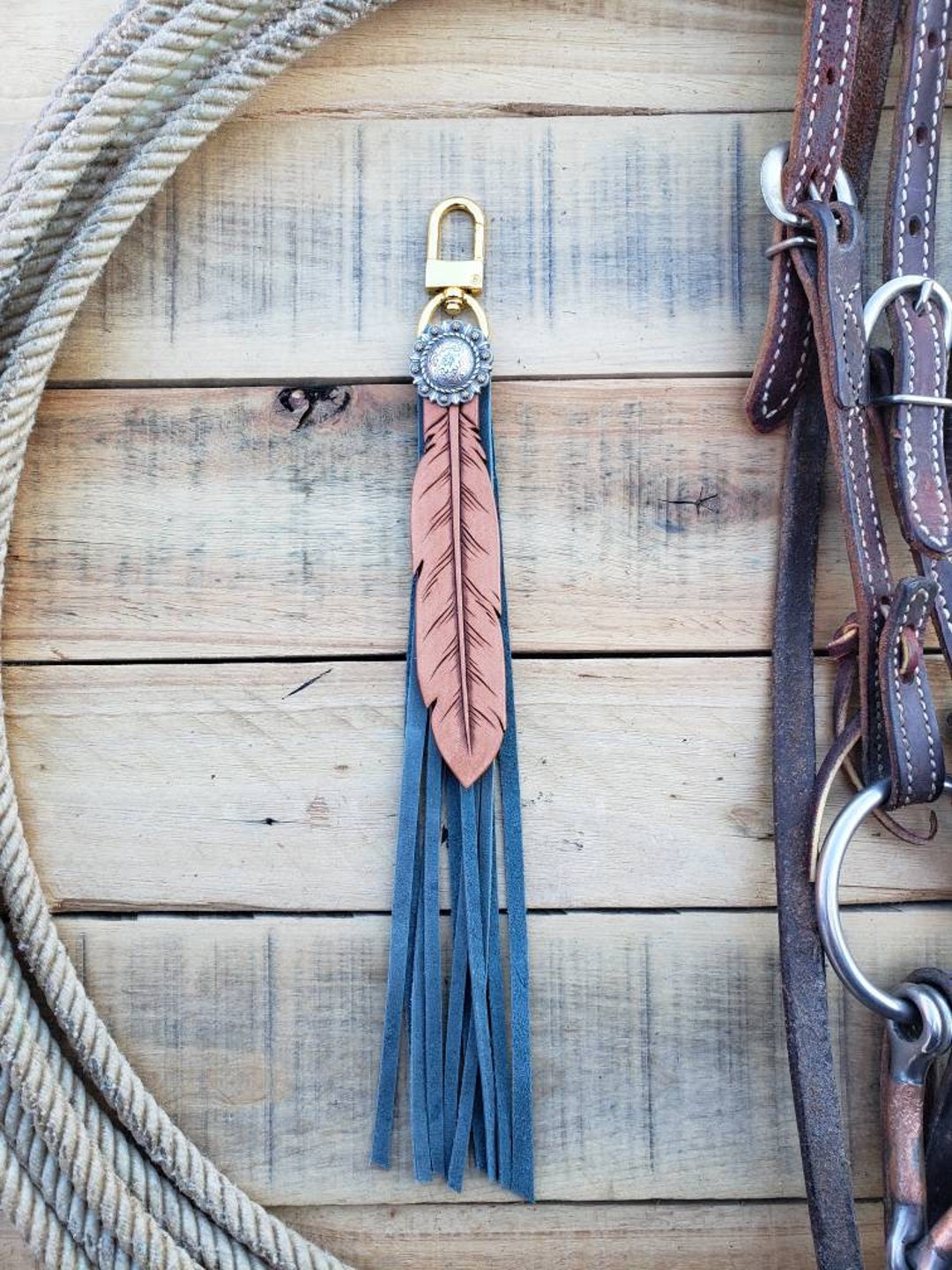 Tooled Leather Feather Bag Charm Feather Keychain Feather Etsy