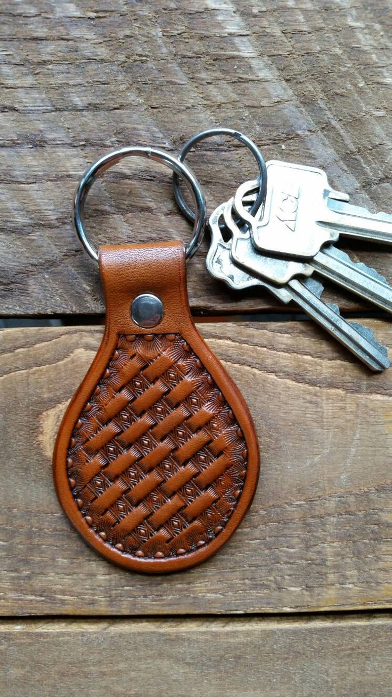 Diamond Basket Weave Handtooled Leather Keychain Etsy