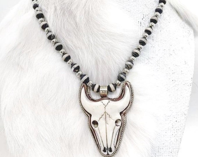 Resin Cow Skull and Tibetan Agate Pendant Necklace