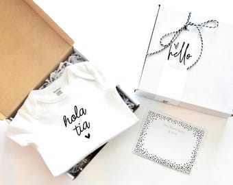 Hola Tia Spanish Pregnancy Announcement Gift Box for Aunt | Hola Tia Onesie | Baby Reveal for Aunt To Be