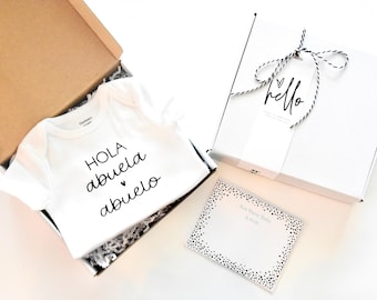 Hola Abuela + Abuelo Onesie | Spanish Pregnancy Announcement Gift Box for Grandparents