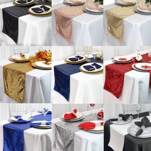 May include: A set of ten table runners in various colors, including gold, silver, black, navy blue, red, and rose gold. The runners are made of sequins and are perfect for adding a touch of sparkle to any table setting.