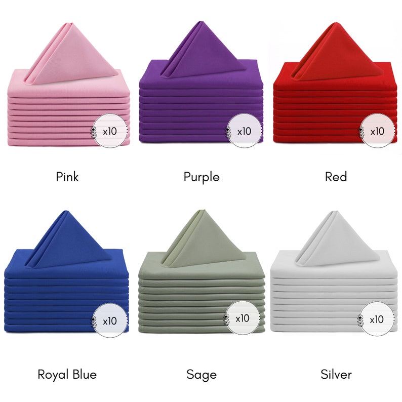 May include: Ten packs of 50.8 cm square napkins in six colours: pink, purple, red, royal blue, sage, and silver. Each pack contains 10 napkins.