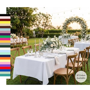 May include: A wedding reception setup with white tablecloths, wooden chairs, and floral centerpieces. The tables are set with plates, silverware, and glassware. A floral arch and string lights are in the background. 27 Colors Available.