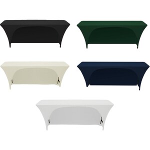 May include: Five tablecloths in different colors: black, green, beige, navy blue, and white. The tablecloths are fitted and have a slight curve at the edges.