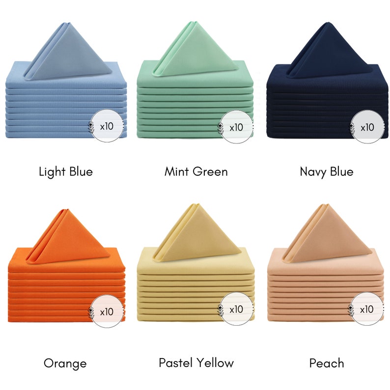 May include: Set of 10 napkins in six colours: light blue, mint green, navy blue, orange, pastel yellow, and peach. Each napkin is folded into a triangle shape and stacked on top of each other.