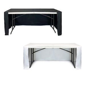 May include: Two tablecloths, one black and one white, are draped over a folding table. The tablecloths are designed to cover the table and hang down the sides, creating a clean and professional look.