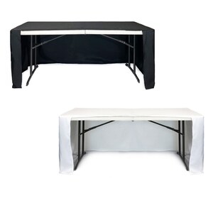 May include: Two tablecloths, one black and one white, are draped over a folding table. The tablecloths are designed to cover the table and hang down the sides, creating a clean and professional look.