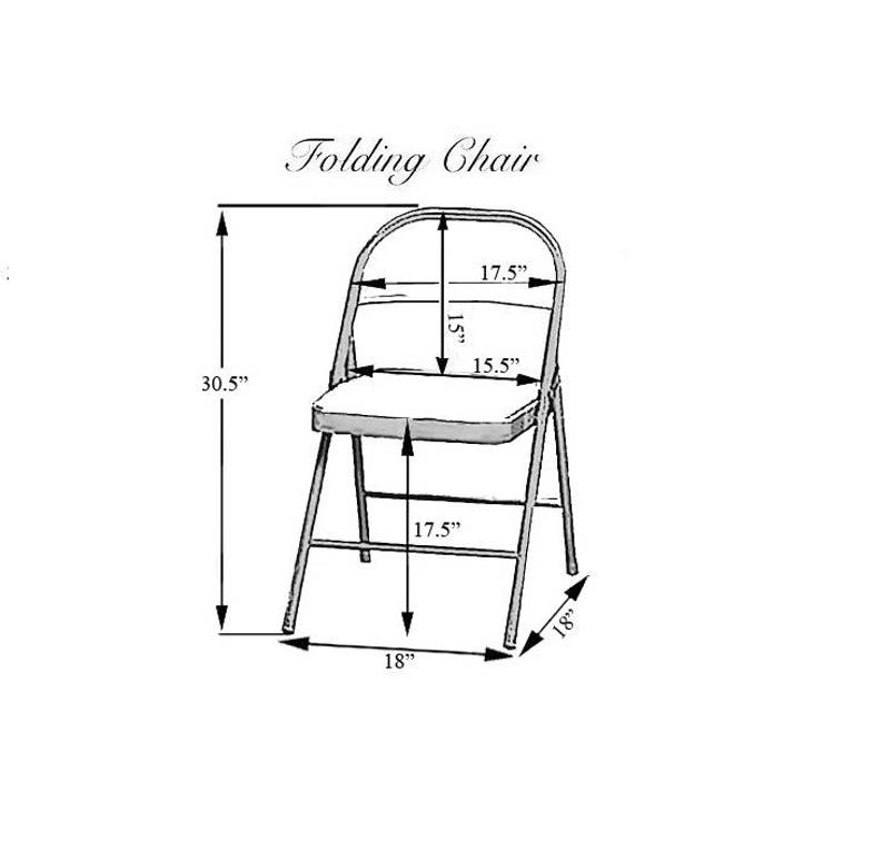 May include: A black folding chair with a padded seat and a metal frame. The chair is 30.5 inches tall, 18 inches wide, and 17.5 inches deep.