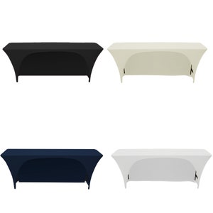 May include: Four tablecloths in different colors: black, beige, navy blue, and white. The tablecloths are fitted and have an elastic band to secure them to the table.