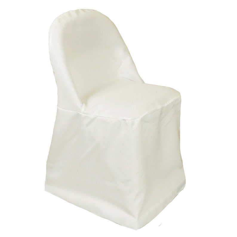 May include: White chair cover for a folding chair. The cover is made of a smooth, wrinkle-resistant fabric.