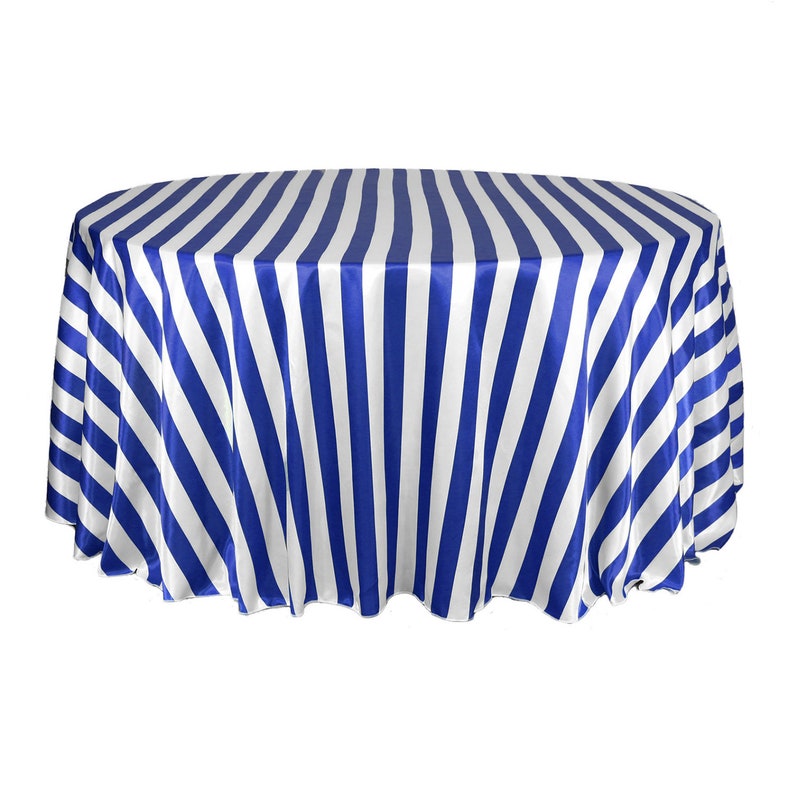 Royal Blue and White 132 Inch Satin Round Tablecloth Striped Etsy