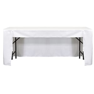 May include: White table cover with a drop to cover the table legs. The cover is made of a smooth fabric.