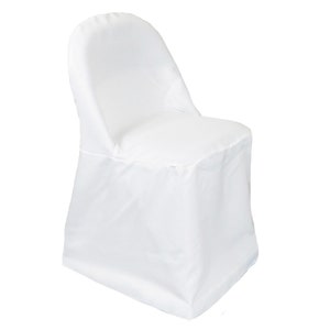 May include: White chair cover for a folding chair. The cover is made of a smooth, wrinkle-resistant fabric. It has a simple design and a fitted style.