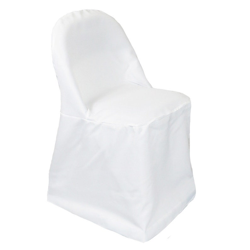 May include: White chair cover for a folding chair. The cover is made of a smooth, wrinkle-resistant fabric. It has a simple design and a fitted style.