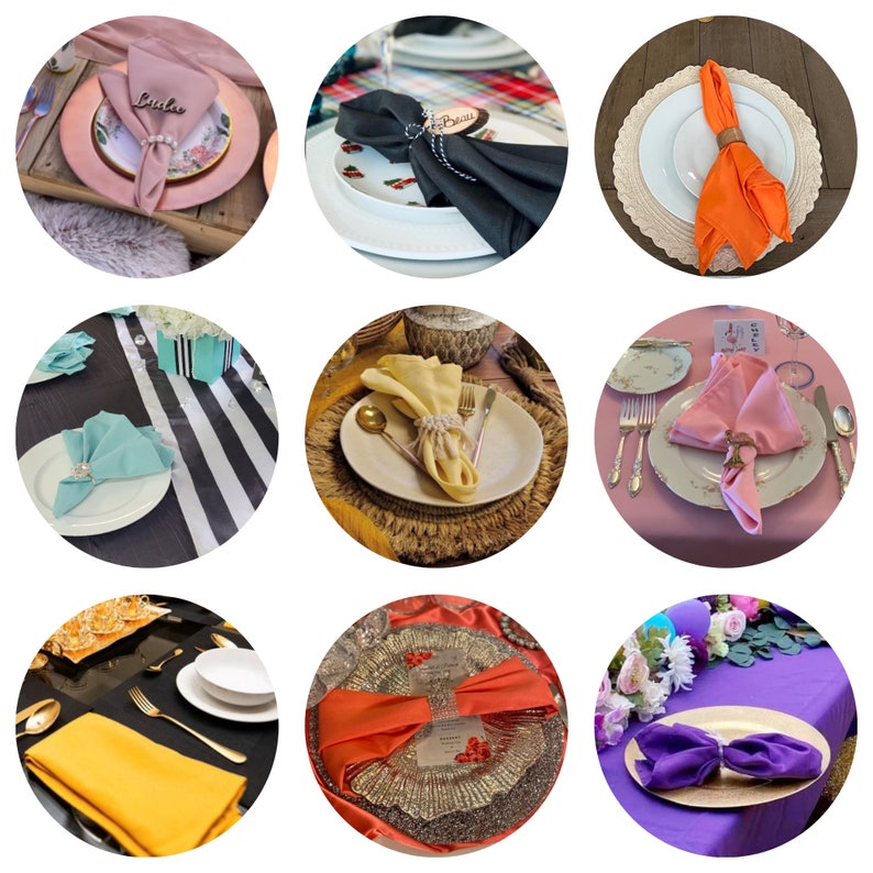 May include: Nine different table settings featuring a variety of coloured napkins folded in different ways. Each setting includes a plate, charger, and cutlery. The napkins are folded into a range of shapes, including a fan, a bow, and a simple fold.