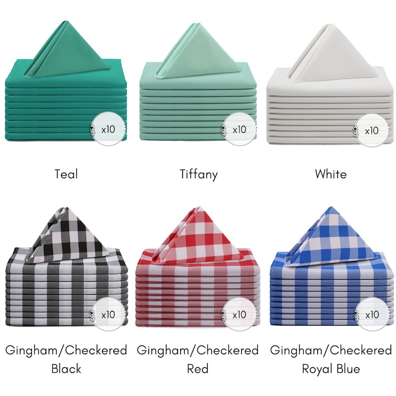 May include: A set of 10 napkins in teal, tiffany blue, white, black and white gingham, red gingham, and royal blue gingham.