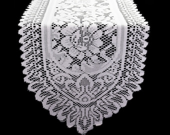 White 13 X 108 Inch Crochet Lace Table Runner | Wedding Table Runners, Quinceaneras
