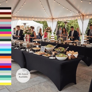 May include: A catered event with black tablecloths covering long tables laden with food. Guests are seen serving themselves from the buffet. The image includes the text "30+ Colors Available".