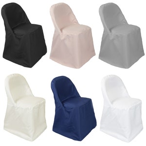 May include: Six chair covers in different colors: black, blush pink, gray, ivory, navy blue, and white. The covers are made of a smooth, wrinkle-resistant fabric and are designed to fit standard folding chairs.