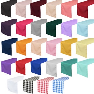 May include: A set of 30 table runners in various colors and patterns, including solid colors, checkered patterns, and gingham patterns. The table runners are all 14 inches wide and 72 inches long.