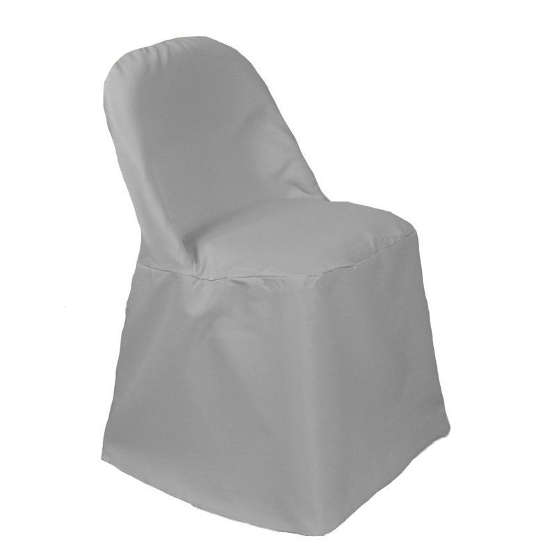 May include: A gray chair cover made of polyester fabric. The cover is designed to fit over a standard folding chair. It has a simple, elegant design and is perfect for adding a touch of sophistication to any event.