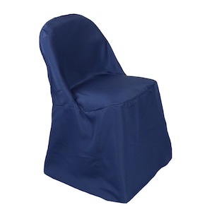May include: Navy blue chair cover with a smooth, wrinkle-free finish. The cover is designed to fit standard folding chairs and provides a polished look for events.