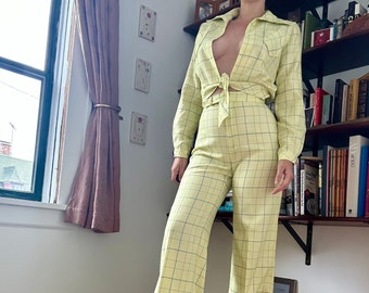1970s Yellow and Blue Plaid Pant Set