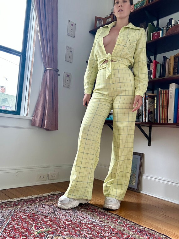 1970s Yellow and Blue Plaid Pant Set