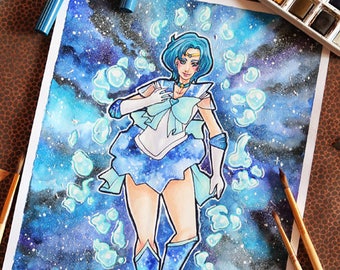 Original watercolor and markers paintng A4 - "SAILOR MERCURY"
