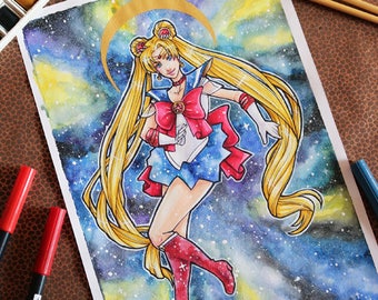 Illustration originale A4 à l'aquarelle et aux feutres - "SAILOR MOON"