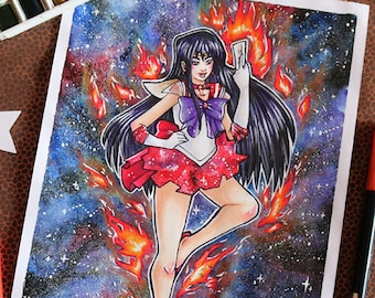 Illustration originale A4 à l'aquarelle et aux feutres - "SAILOR MARS"