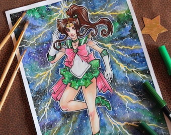 Illustration originale A4 à l'aquarelle et aux feutres - "SAILOR JUPITER"