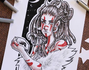 INKTOBER Jour 3 - Illustration originale A4 aux feutres - "TRIBAL"