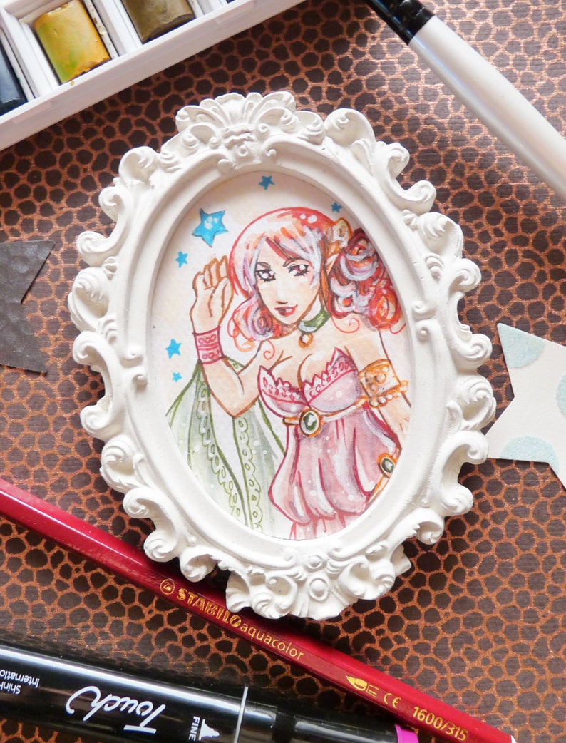 Frame with original watercolor painting RED ELF image 1