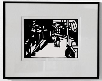 A3 poster open edition paper cutting, Handmade papercut artwork based on original artwork. men walking kyoto japan streets paper stencil