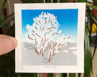 Winter Tree mini lino print | linocut multi colour layer handmade 10 x 10 cm signed limited edition of 50 | printmaking snow tree landscape