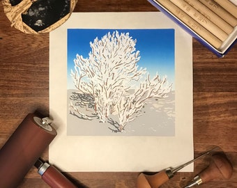 Limited edition linocut landscape print Winter Tree. lino relief colour block print on handmade japanese Hosho okawara paper. ed of 20