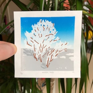 Winter Tree mini lino print | linocut multi colour layer handmade 10 x 10 cm signed limited edition of 50 | printmaking snow tree landscape