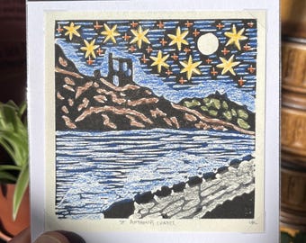 Mini lino print St Anthony's Chapel, Arthrs Seat, Edinburgh. stars at night. Linocut printmaking handmade relief artwork Scotland landscape