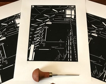 Limited edition linocut print 'St James Worker' Architectural art lino print on recycled paper. Edinburgh art, Scotland urban landscape