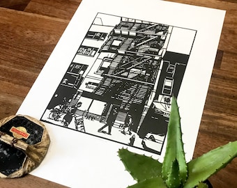 Chinatown, NY Linocut print. Lino relief print of New York streets. Hand printed Limited edition of 40 on handmade Japanese Hosho paper.