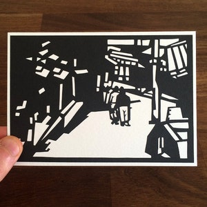 Carte postale fabriquée à la main avec enveloppe fabriquée à la main. Oeuvre d'art japonaise découpée, basée sur du papier découpé original beaux-arts de Kyoto, Japon