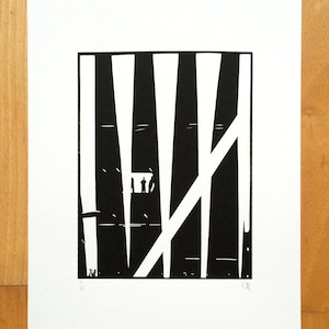 May include: Black and white woodcut print of a group of figures standing in front of a fence. The fence is made of vertical and diagonal lines. The print is signed "2/20" and "CR".